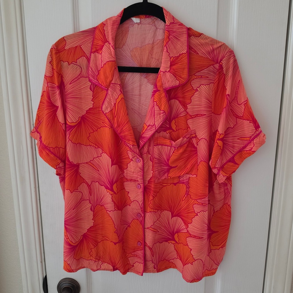 Primark Womens Pink Orange Botanical Print Button Down Shirt Size L 10/12